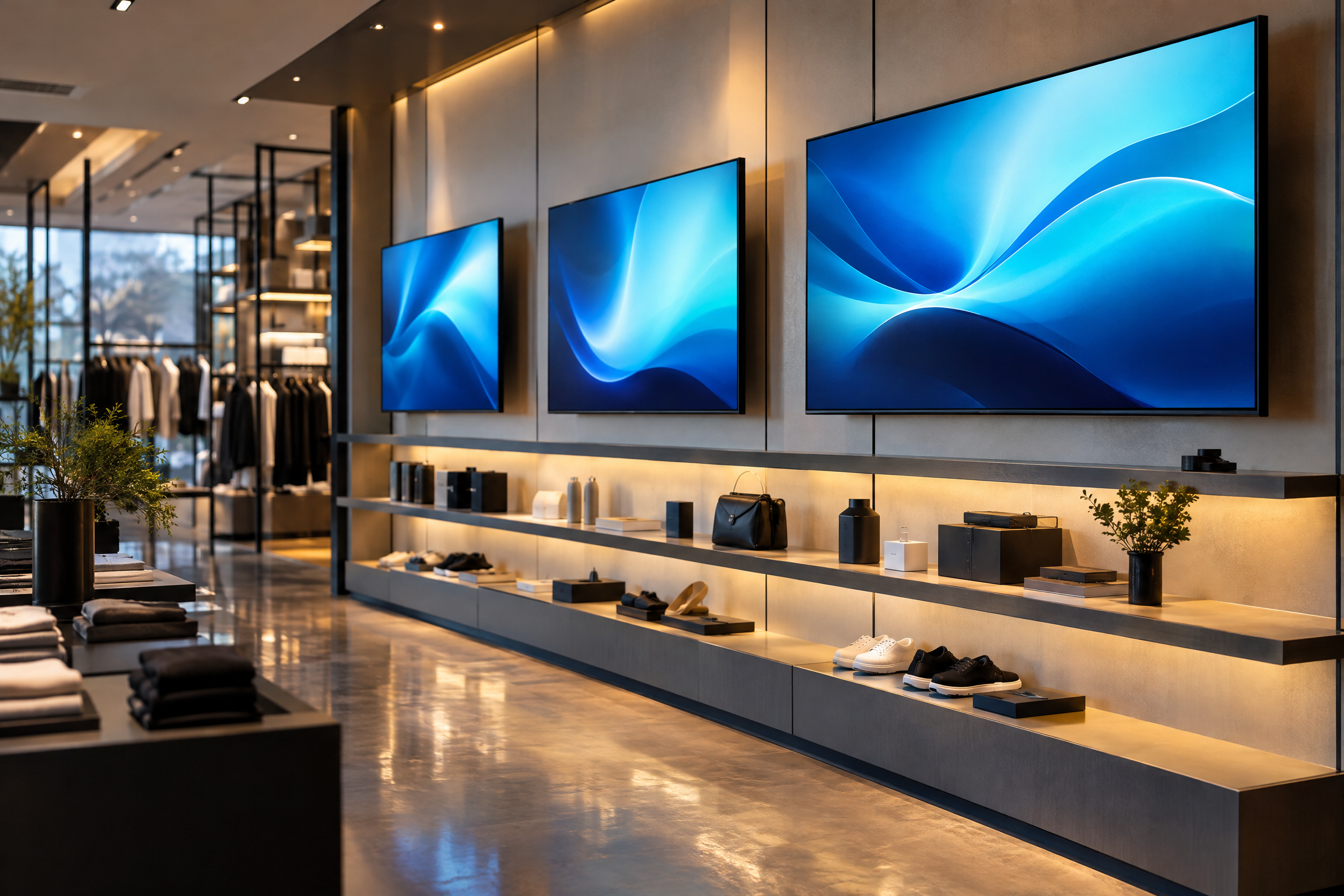 Illustrative retail interior with wall-mounted commercial LED displays